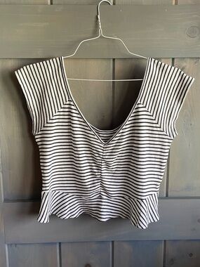 American Eagle Outfitters Black and White Striped V-Neck Peplum Crop Top